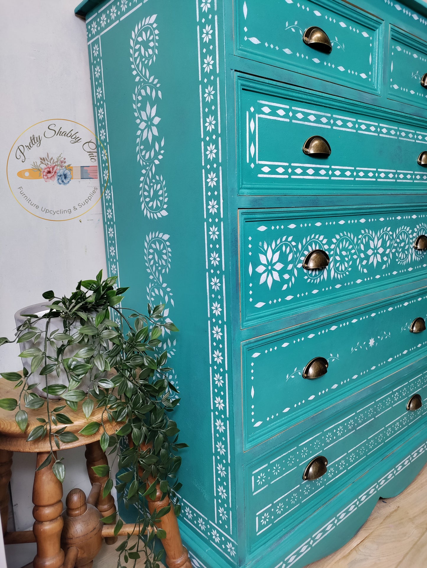 Blue stenciled chest of Drawers