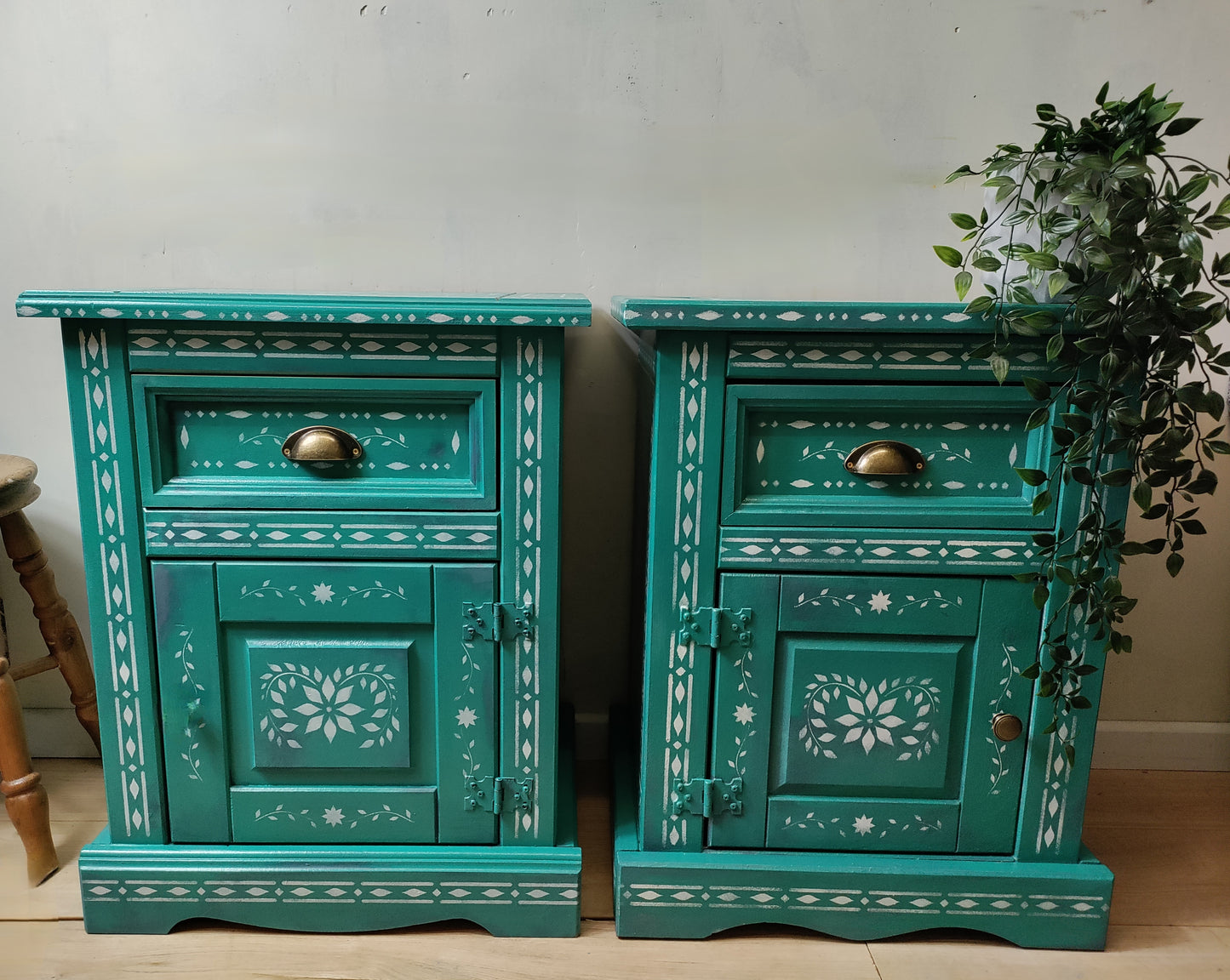 Stencilled bedside cabinets