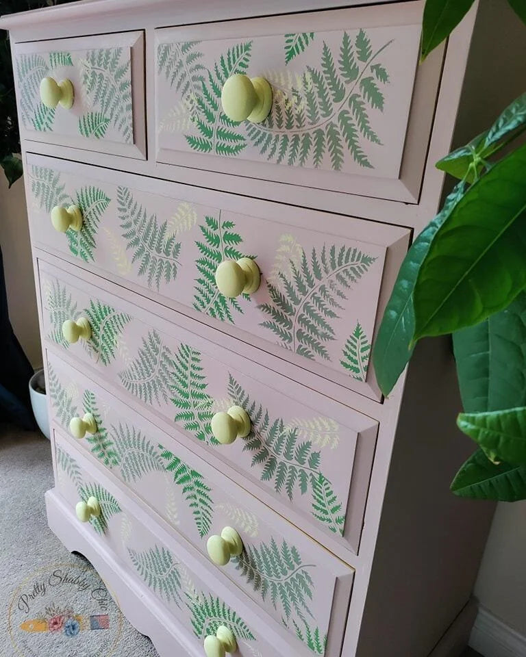 Pink Painted Chest of Drawers with Leaf Stencils