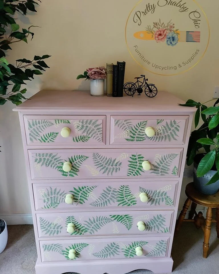 Pink Painted Chest of Drawers with Leaf Stencils