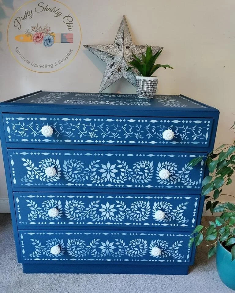 Blue Stencilled Chest of Drawers