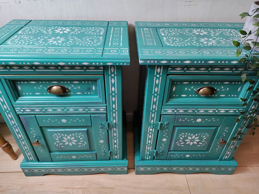 Stencilled bedside cabinets