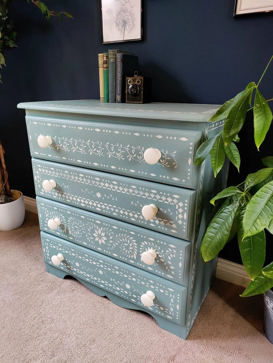 Blue Stencilled Chest of Drawers