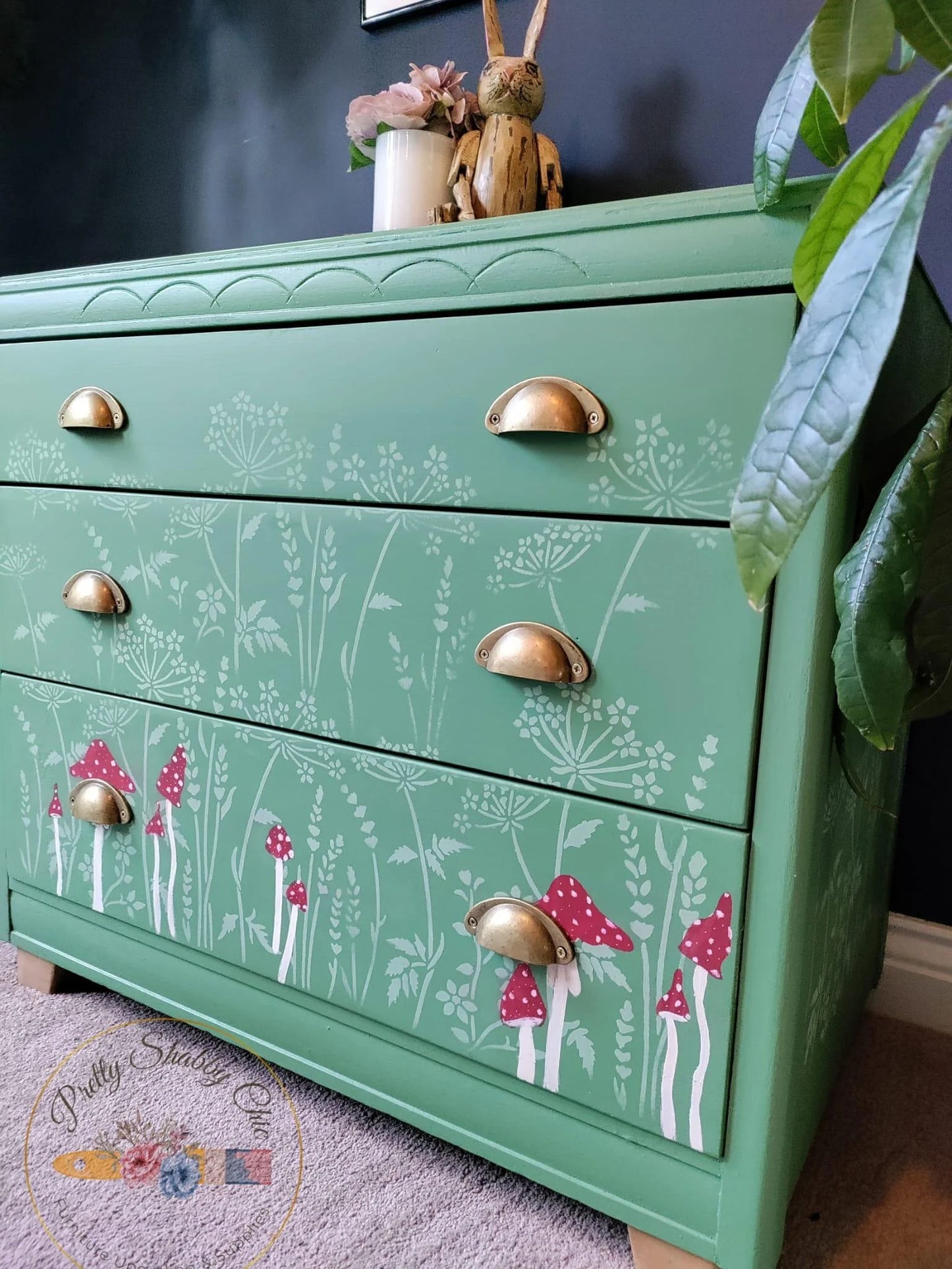 Green Stencilled Mushroom Drawers