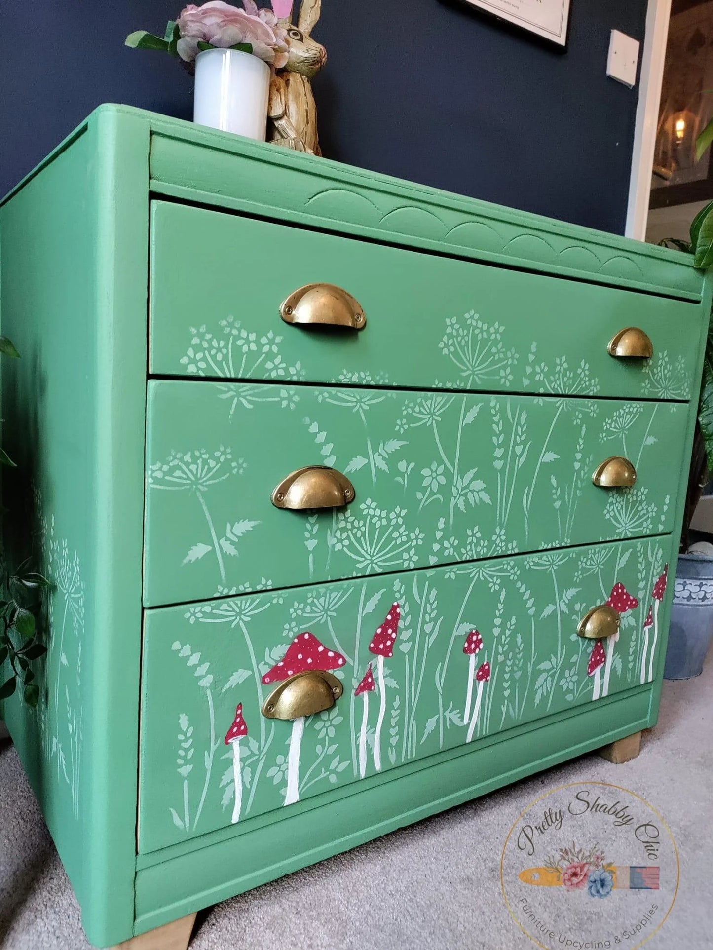 Green Stencilled Mushroom Drawers